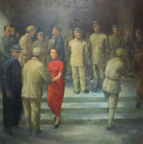 油画《会师》，站在南京军管会门口的台阶上的为邓小平和刘伯承，红衣女子为陈修良